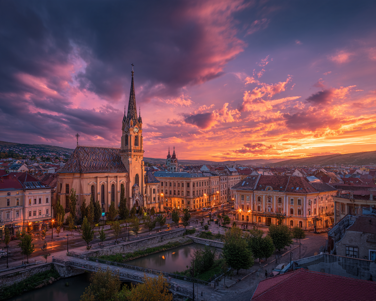Vue de Cluj-Napoca au coucher du soleil, avec l'église Saint-Michel et la vieille ville